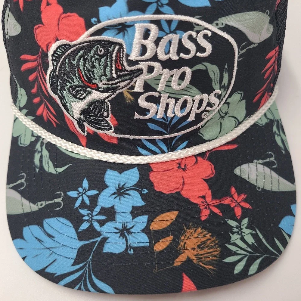 Bass Pro Shops Hat Snapback Trucker Mesh Black Floral Rope Tropical Fish Outdoor